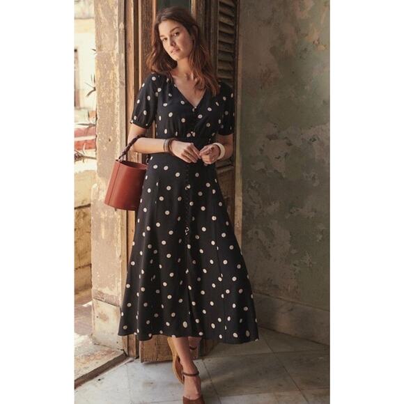 Sezane Dresses & Skirts - NWT Sezane Silk Polka Dot Midi Dress Black Button Front Lined Size US 2